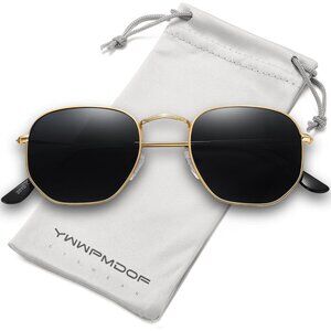 Unisex Gold/Grey Trendy Square Hexagonal Flat Mirrored Sun Glasses UV Protection
